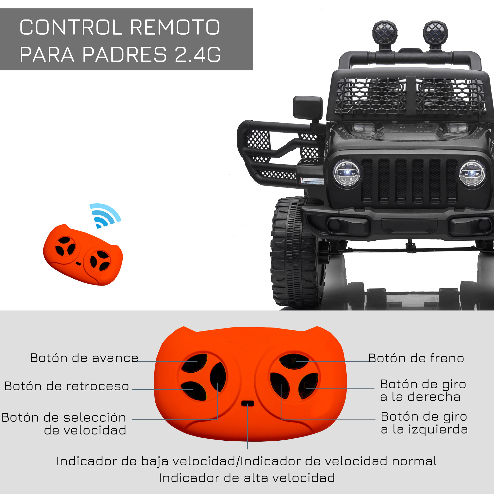 Coche Eléctrico para Niños 12V, Vehículo Todoterreno de Batería con 2 Motores, Control Remoto 2,4G, Velocidad hasta 5 km/h, Sistema de Suspensión, Faros, para Niños de +3 Años, Negro