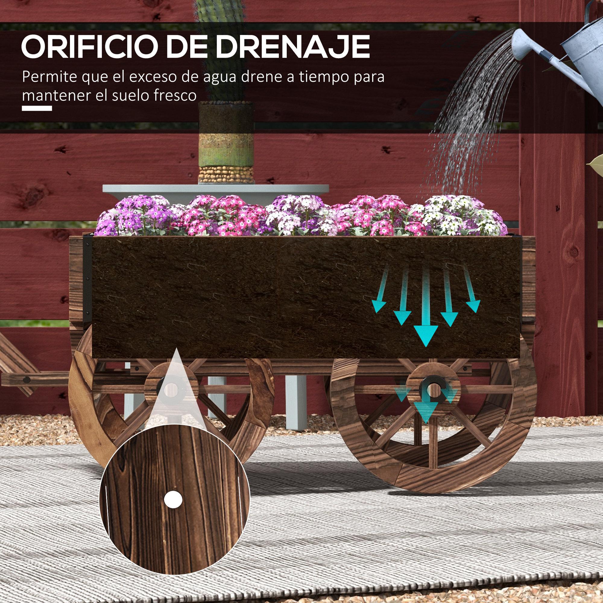 Jardinera de Madera Macetero Exterior en Forma de Carrito con 4 Ruedas y Mango para Balcón Jardín Patio 120x41x54 cm Carbonizado