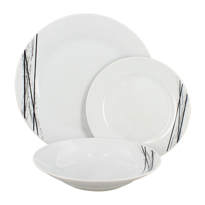 Lot de 6 assiettes creuses porcelaine blanche à rayures noires 20cm CARBONE