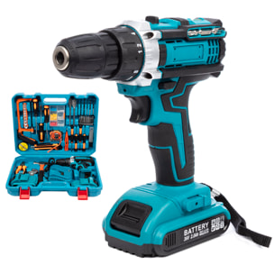 Taladro eléctrico inalámbrico 21V con doble velocidad, 45NM, maletín de transporte y 121 accesorios. 2 baterías de 6500 mAh.