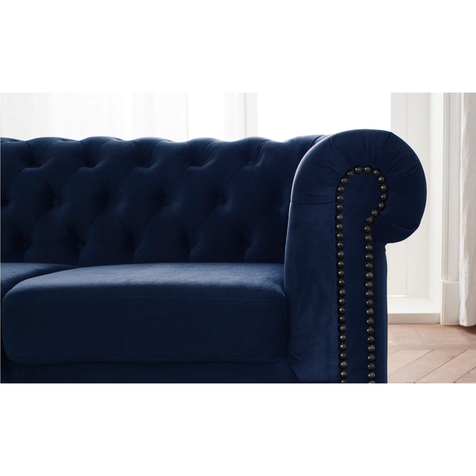 William - canapé Chesterfield d'angle gauche - 4 places - en velours - Bleu nuit