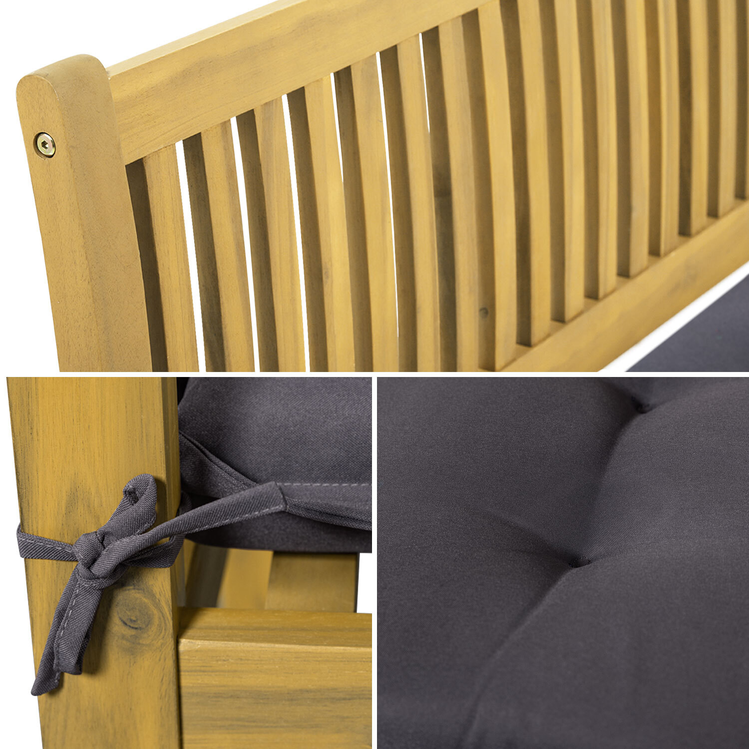 Banc en acacia SIMILAN - coussins gris