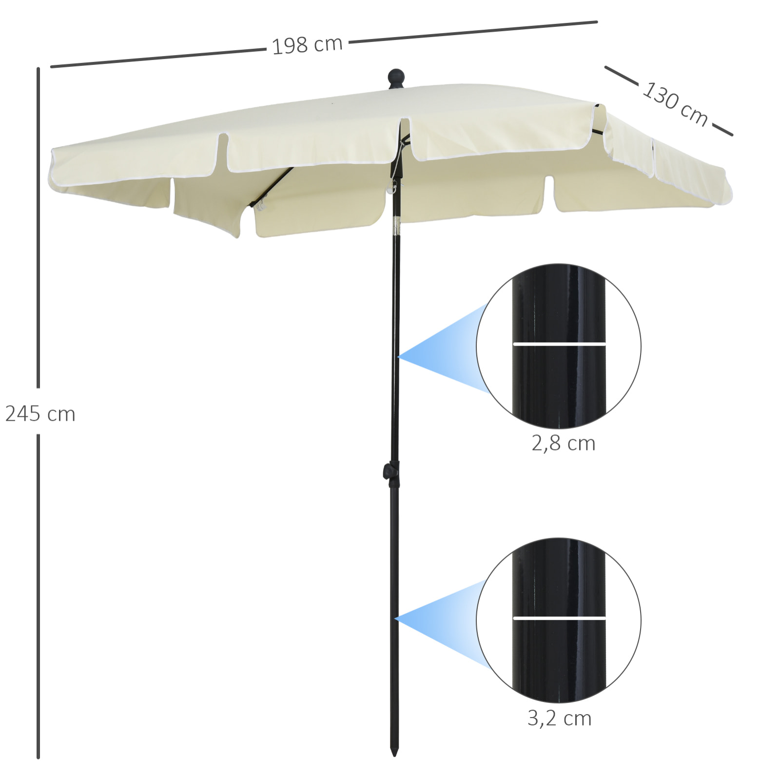 Sombrilla de Poliéster Aluminio 2x1,25x2,35m Beige