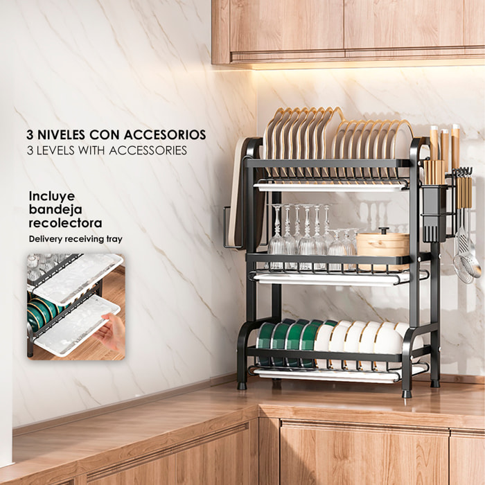 Repisa de cocina metálica para cubiertos. Escurridor de platos. Estante organizador para secar y guardar utensilios de cocina. 3 niveles con bandeja escurridora y accesorios.