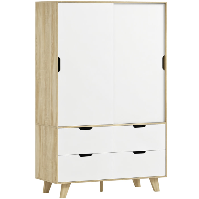 Armario Dormitorio Moderno con Puertas Correderas, Armario Ropero con Barra para Colgar, Estantes Ajustables y 4 Cajones, 120x50x187,5 cm, para Salón, Entrada, Roble y Blanco