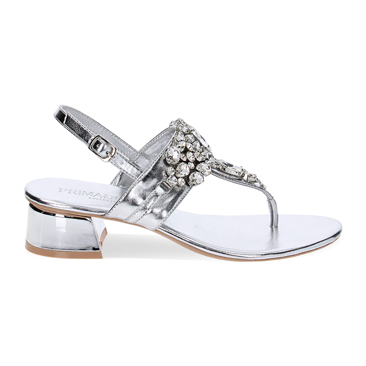 Sandalias con tacón plateado en laminado con piedras