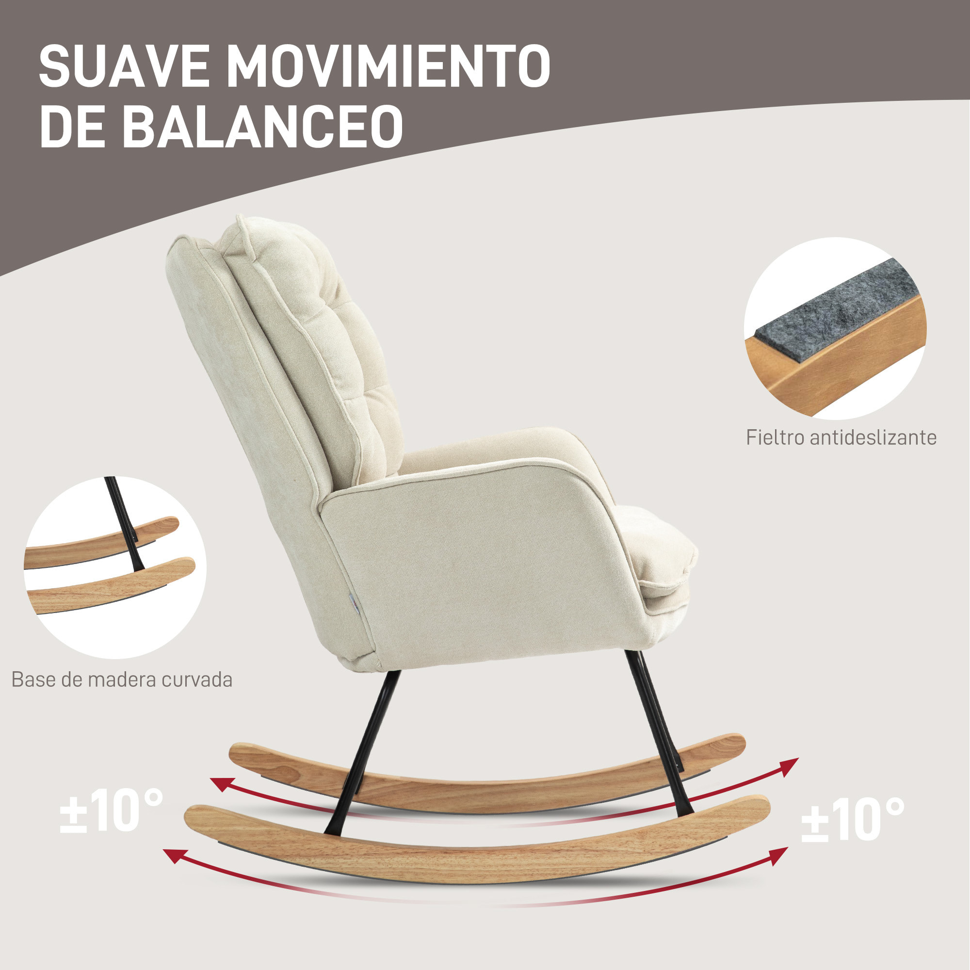 Mecedora Tapizada en Chenilla Silla Mecedora con Patas de Madera de Haya y Reposabrazos Mecedora para Lactancia Carga 120 kg para Dormitorio Salón Beige
