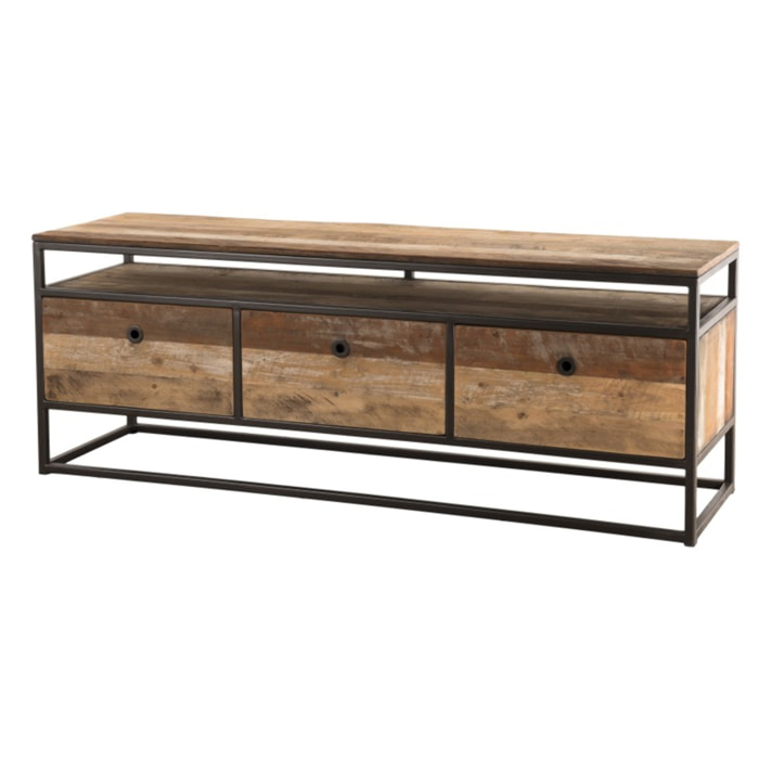 SIXTINE - Meuble TV marron 3 tiroirs Teck recyclé Acacia Mahogany recyclé et métal noir