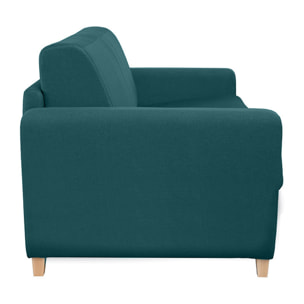 Canapé convertible 3 places en tissu bleu canard et bois clair avec matelas L140 cm 13 cm GRAHAM