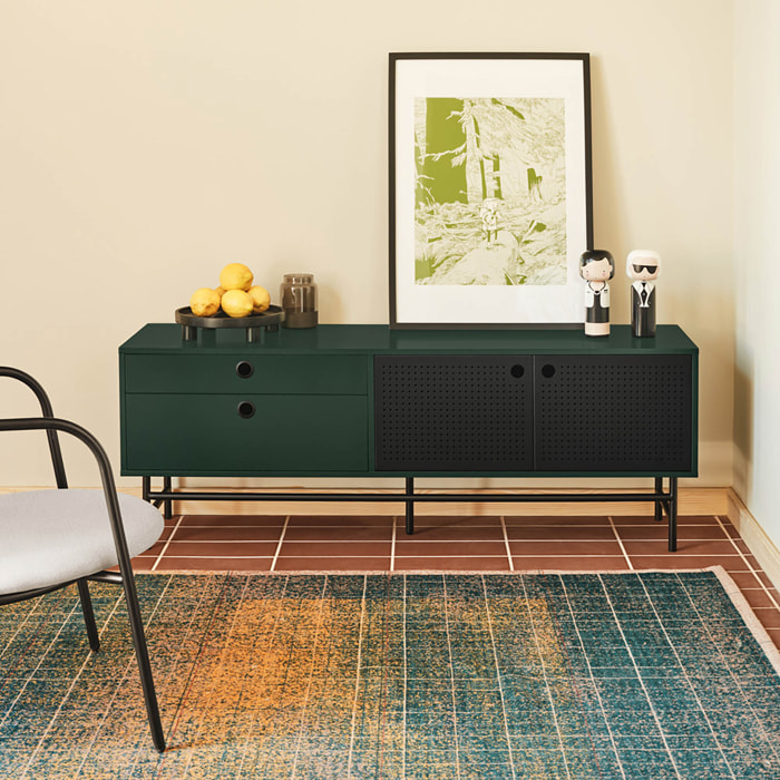Mueble de televisión Punto 2 puertas y 2 cajones verde oscuro y negro