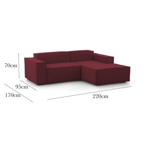 Divano fisso Patrizia, Divano componibile a 2 posti con penisola destra, 100% Made in Italy, Sofà moderno in tessuto, Cm 220x170h70, Rosso