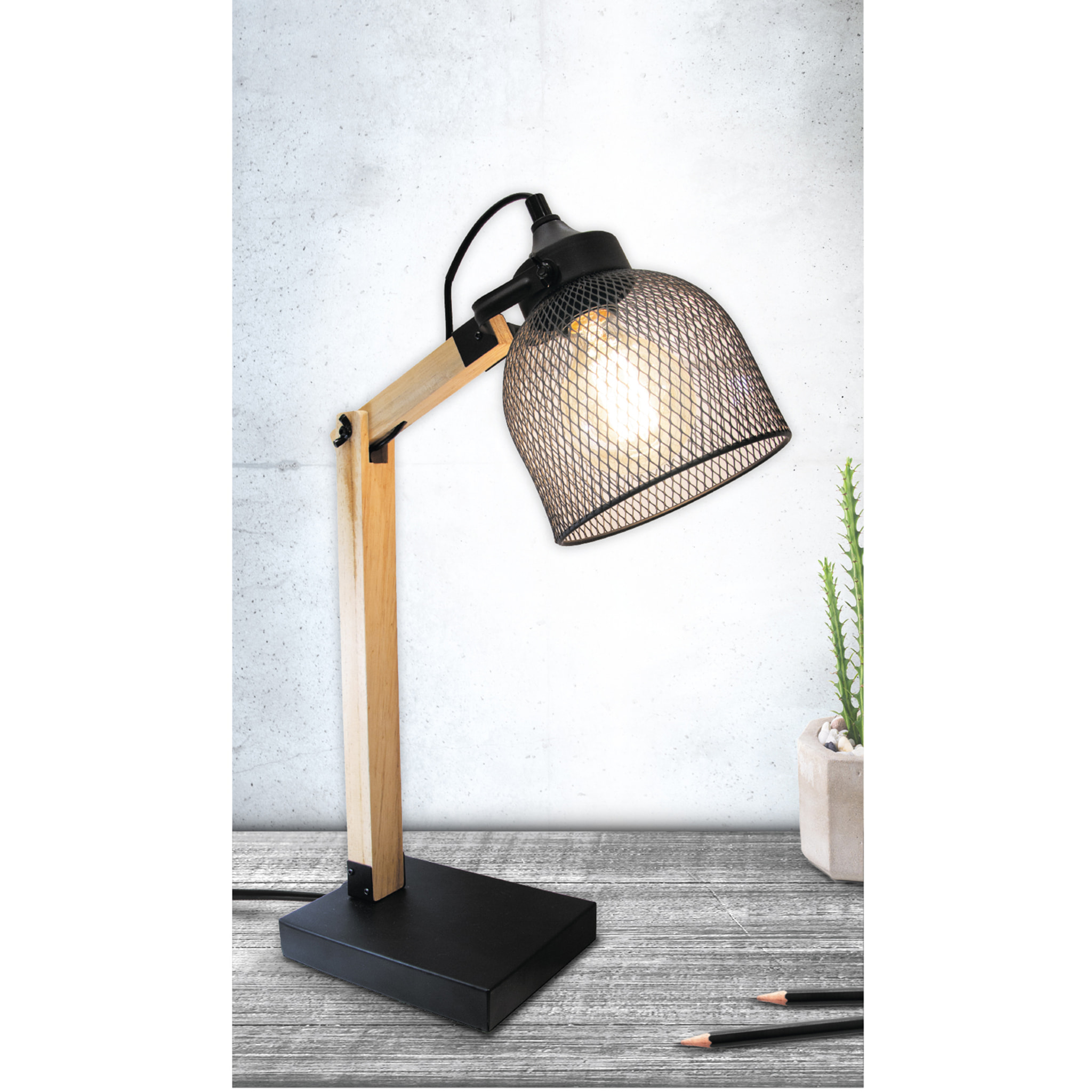 Lampe A Poser Grille Metal Noir Bois