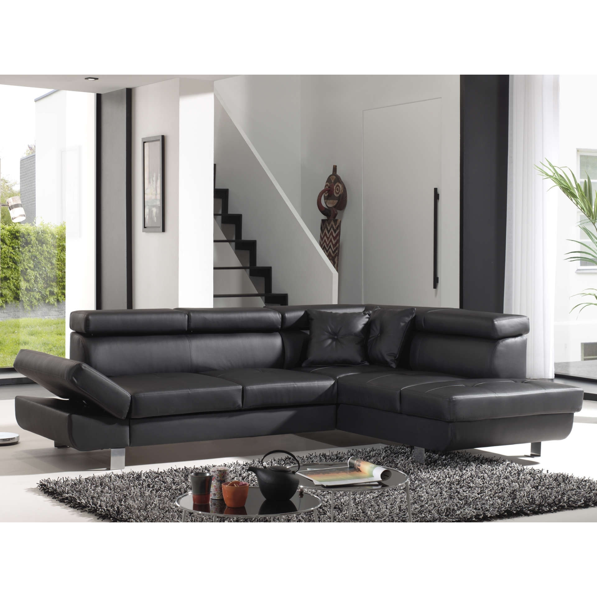 Lisbona - Canapé d'angle convertible - en PU - avec têtières réglables - Droit - Noir