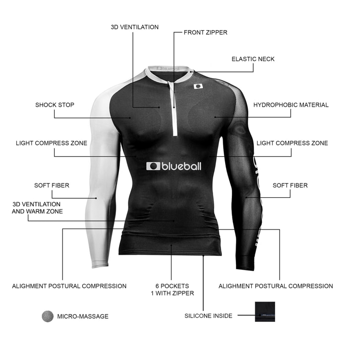 CAMISETA DE COMPRESIÓN RUNNING PARA HOMBRE DE MANGA LARGA BLUEBALL EN NEGRO Y GRIS