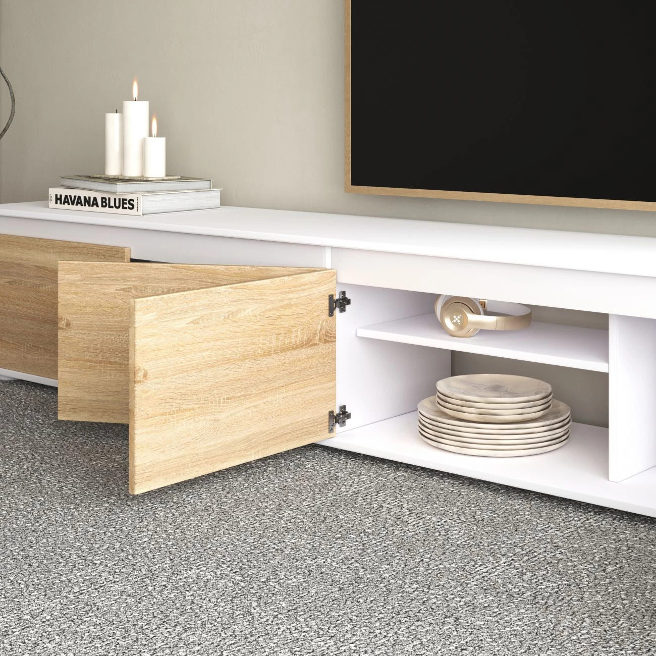 Pack salón con mesa de centro y mesa de comedor Arlet Max V2B Blanco Artik (Blanco Mate) - Roble Canadian