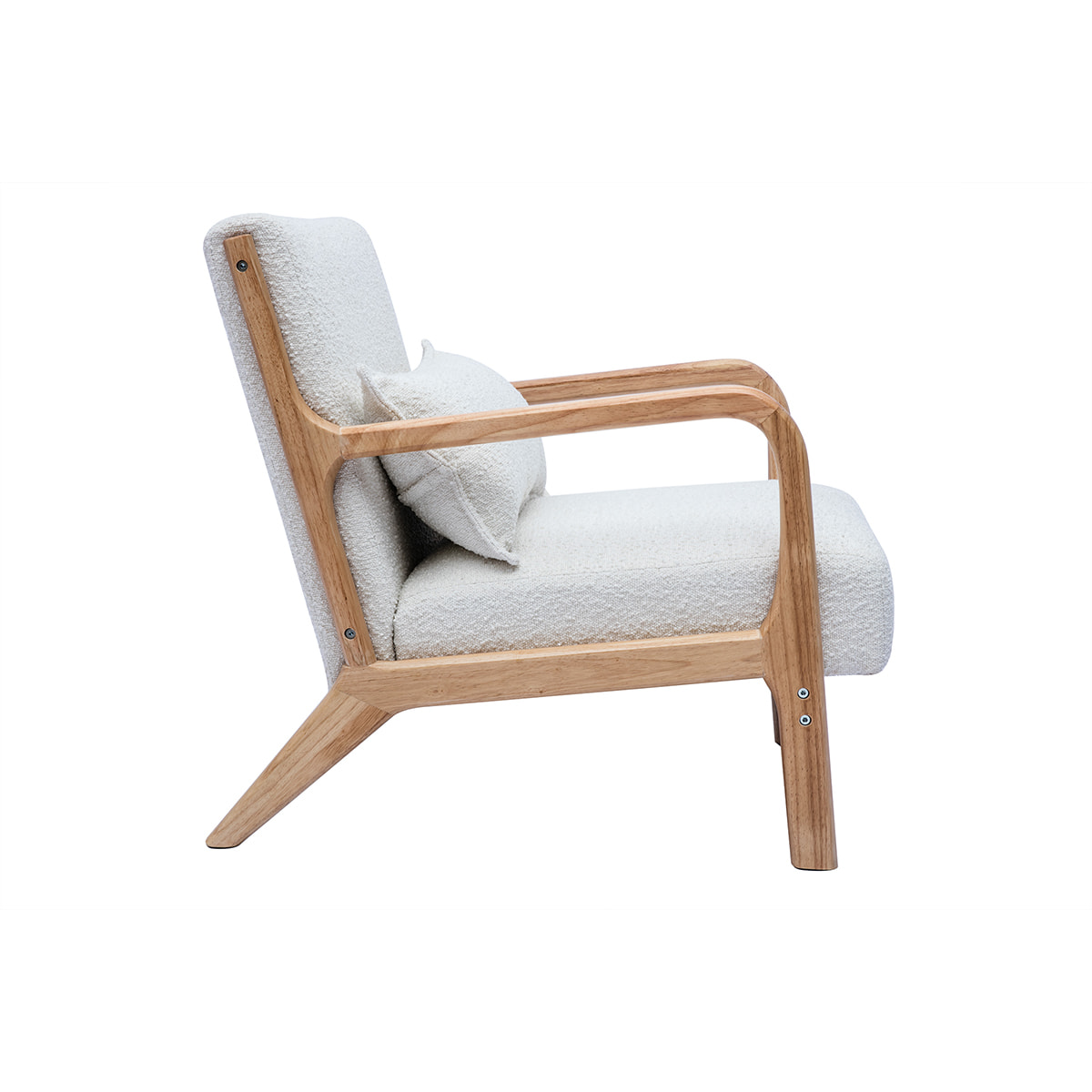 Fauteuil scandinave en tissu effet laine bouclée blanc et bois clair massif DERRY