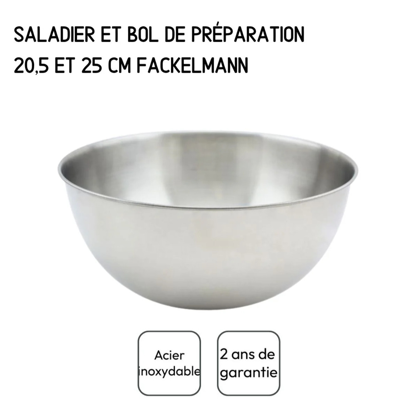 Set de 2 Saladiers en inox de 20,5 cm et 25 cm de diamètre et couverts à salade en plastique Fackelmann