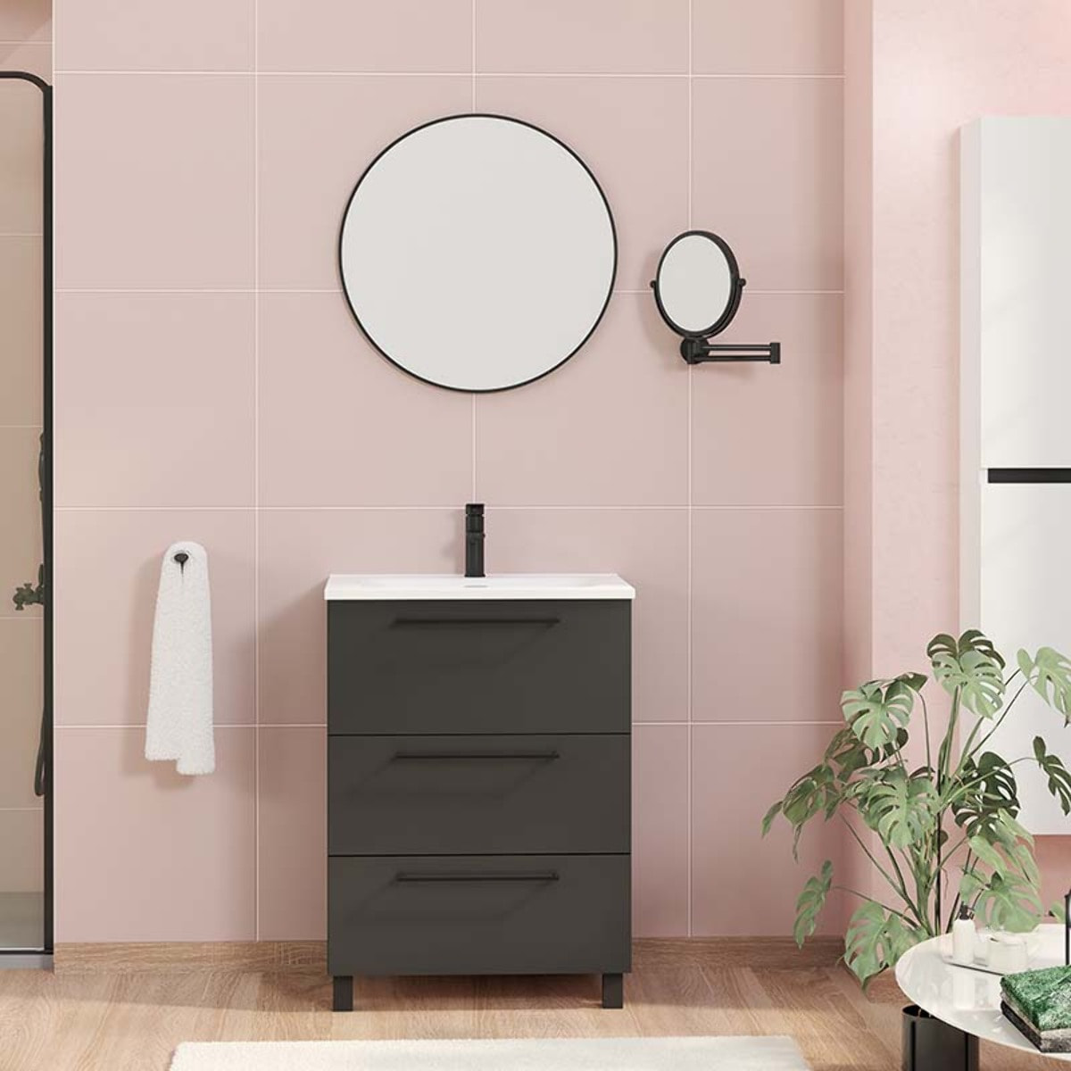 Conjunto de baño Haru | Mueble de baño con patas | 60 cm Negro| Tres cajones | Lavabo encastrado | No incluye espejo | Alday