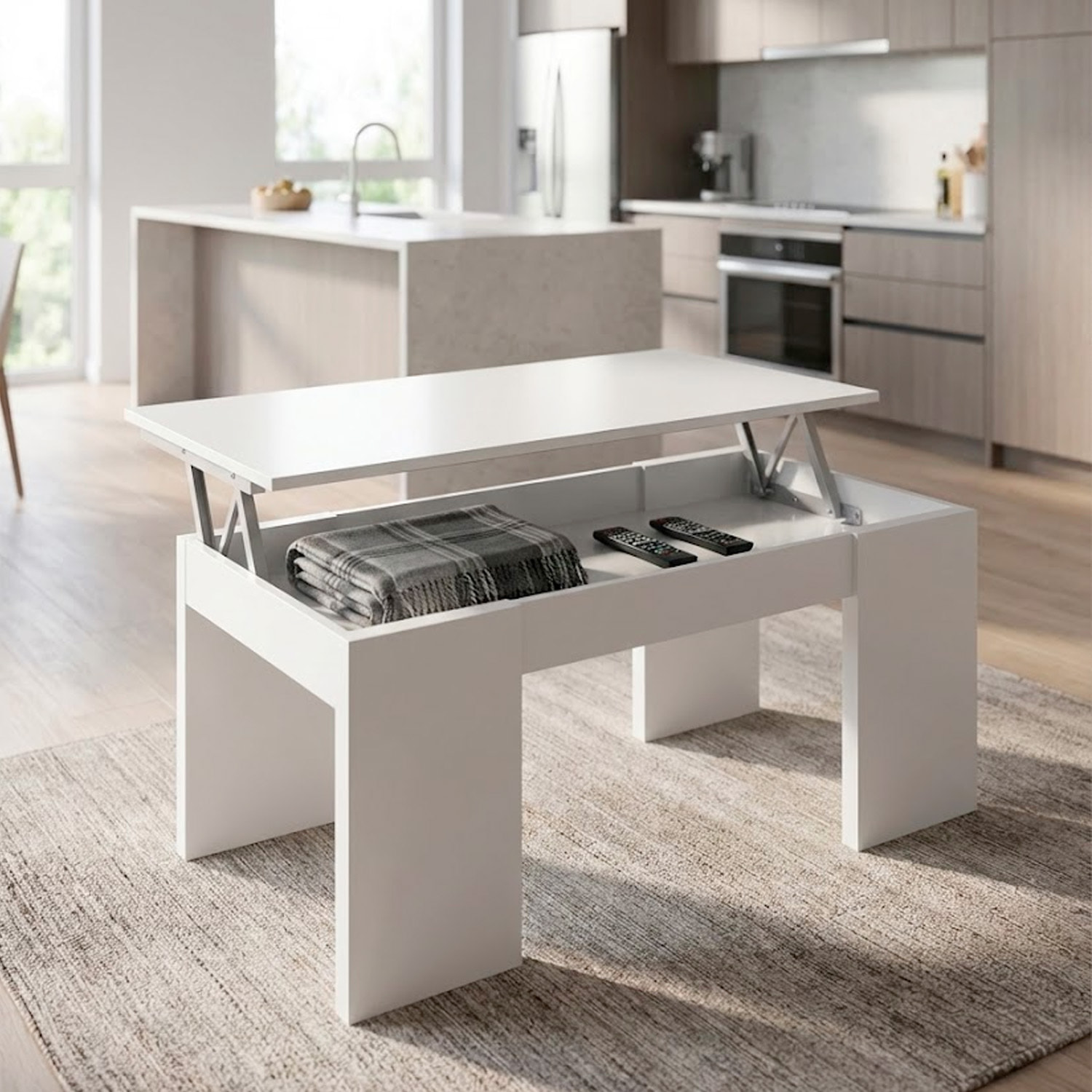 Tavolino da Caffè Con Piano Rialzabile Con Vano Contenitore Alzabile Tavolo da Salotto Moderno Salvaspazio Ideale per Lavorare 100 x 50 x 42 cm Bianco