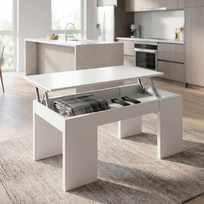 Tavolino da Caffè Con Piano Rialzabile Con Vano Contenitore Alzabile Tavolo da Salotto Moderno Salvaspazio Ideale per Lavorare 100 x 50 x 42 cm Bianco