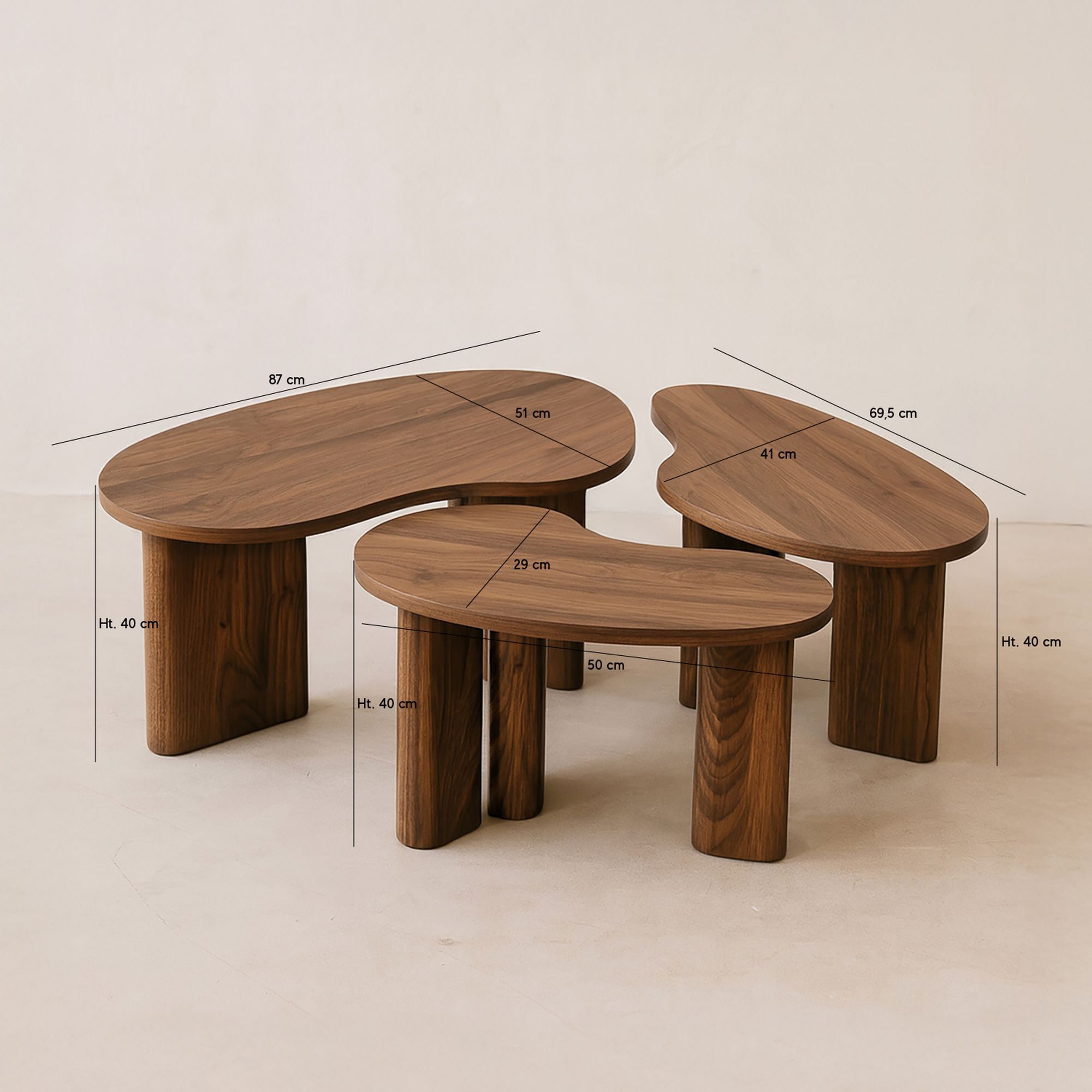 Lot de 3 tables basses aux formes organiques effet bois de noyer CHARLIE