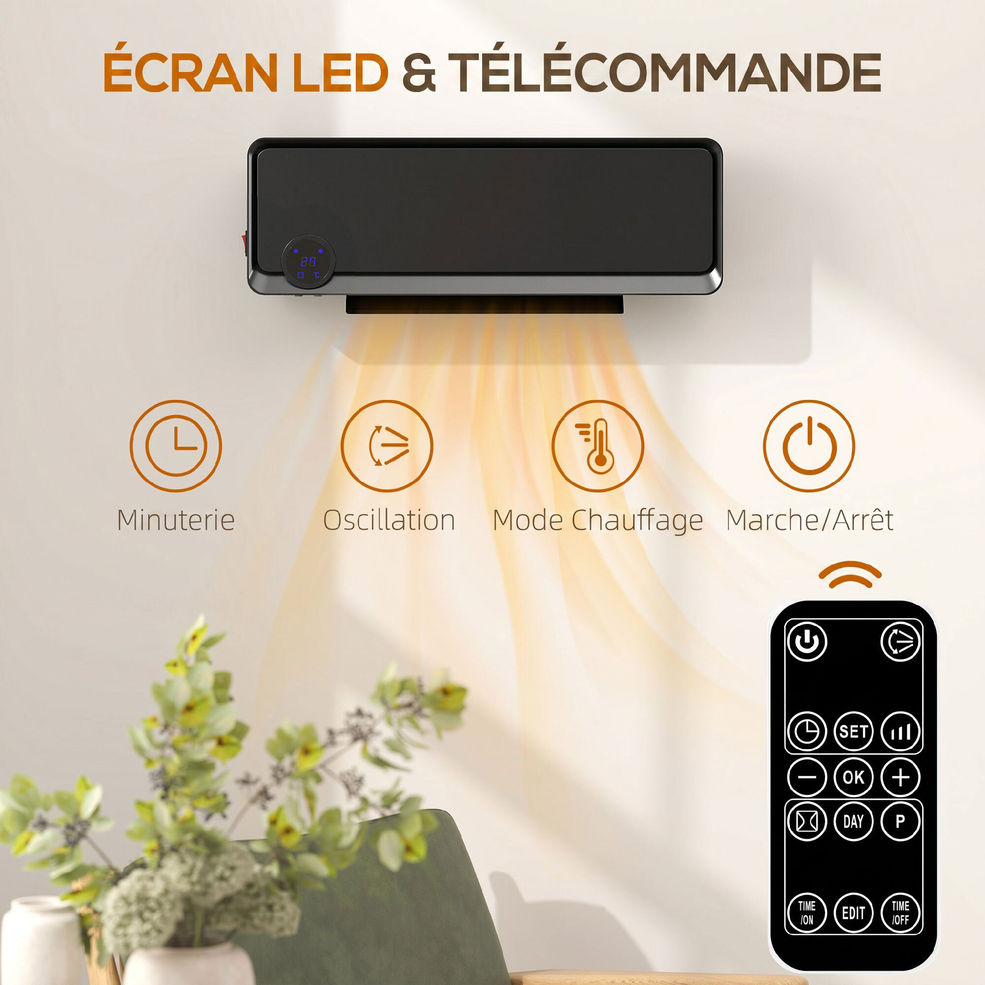 Radiateur mural soufflant oscillant 2000W chauffage céramique PTC noir