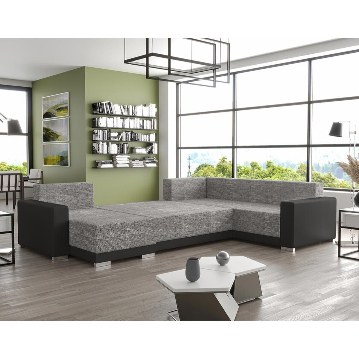 Roger - Canapé panoramique d'angle réversible 7 places convertible avec coffre en tissu - Gris / Noir