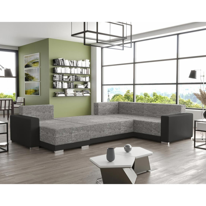 Roger - Canapé panoramique d'angle réversible 7 places convertible avec coffre en tissu - Gris / Noir