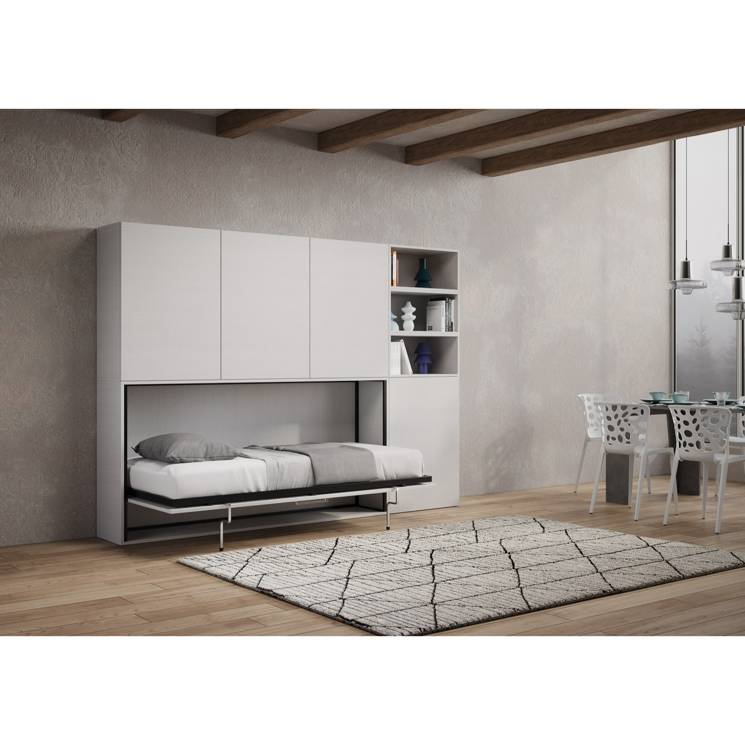 Armoire lit escamotable horizontal 1 couchage 85 Kando avec matelas composition F Frêne Blanc