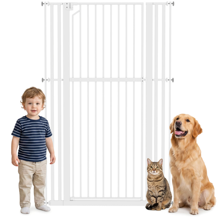 Barrera de Seguridad para Niños Perros y Gatos Extra Alta 160cm Extensible 76-105cm para Puertas Escaleras Valla para Perros Cierre Automático Montaje a Presión Abre 1 Mano 2 Extensiones Blanco