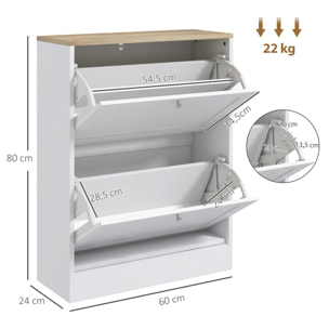 Zapatero Estrecho con 2 Puertas, Zapatero Entrada Recibidor con Estantes Ajustables, para 12 Pares de Zapatos, 60x23,5x80 cm, Blanco