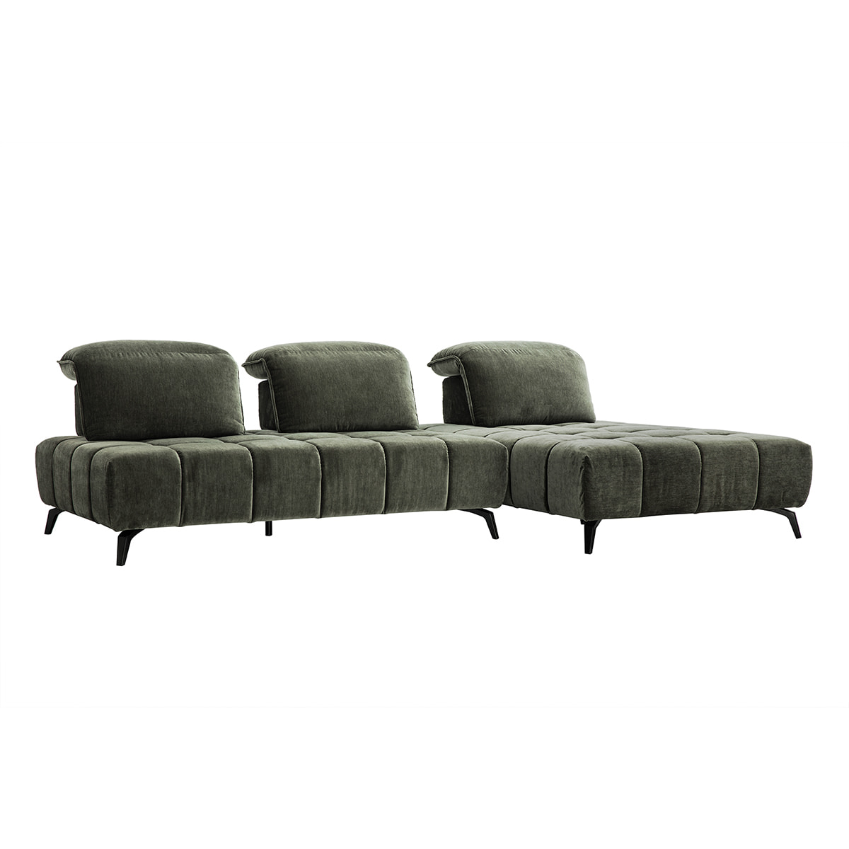 Canapé modulable 4 places avec têtières ajustables en tissu effet velours vert kaki et métal noir OLMO