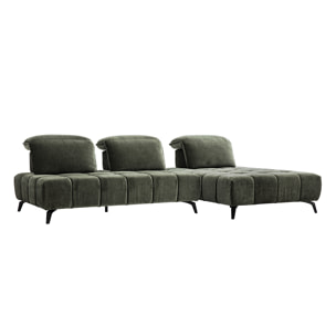 Canapé modulable 4 places avec têtières ajustables en tissu effet velours vert kaki et métal noir OLMO