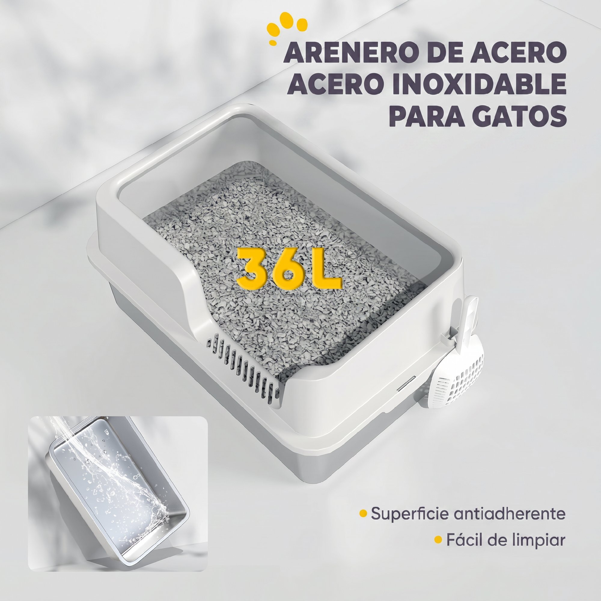 PawHut Arenero para Gatos de Acero Inoxidable XL, Caja de Arena para Gatos Grandes, Arenero Extragrande con Borde Alto, Pala, Fácil de Limpiar, Antifugas, 60x40x28 cm, Gris Claro