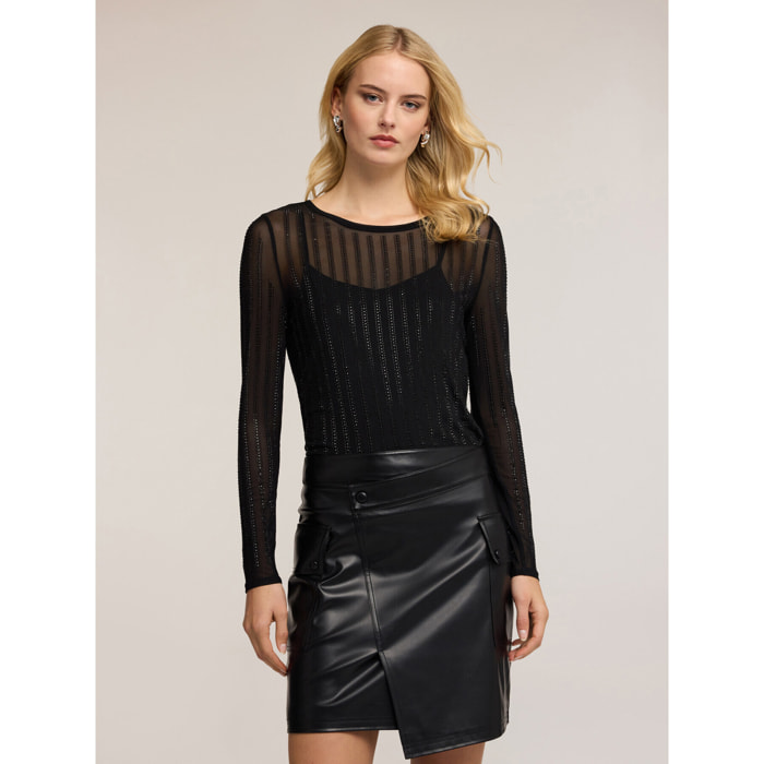 Motivi - Camiseta de tul con strass - Negro