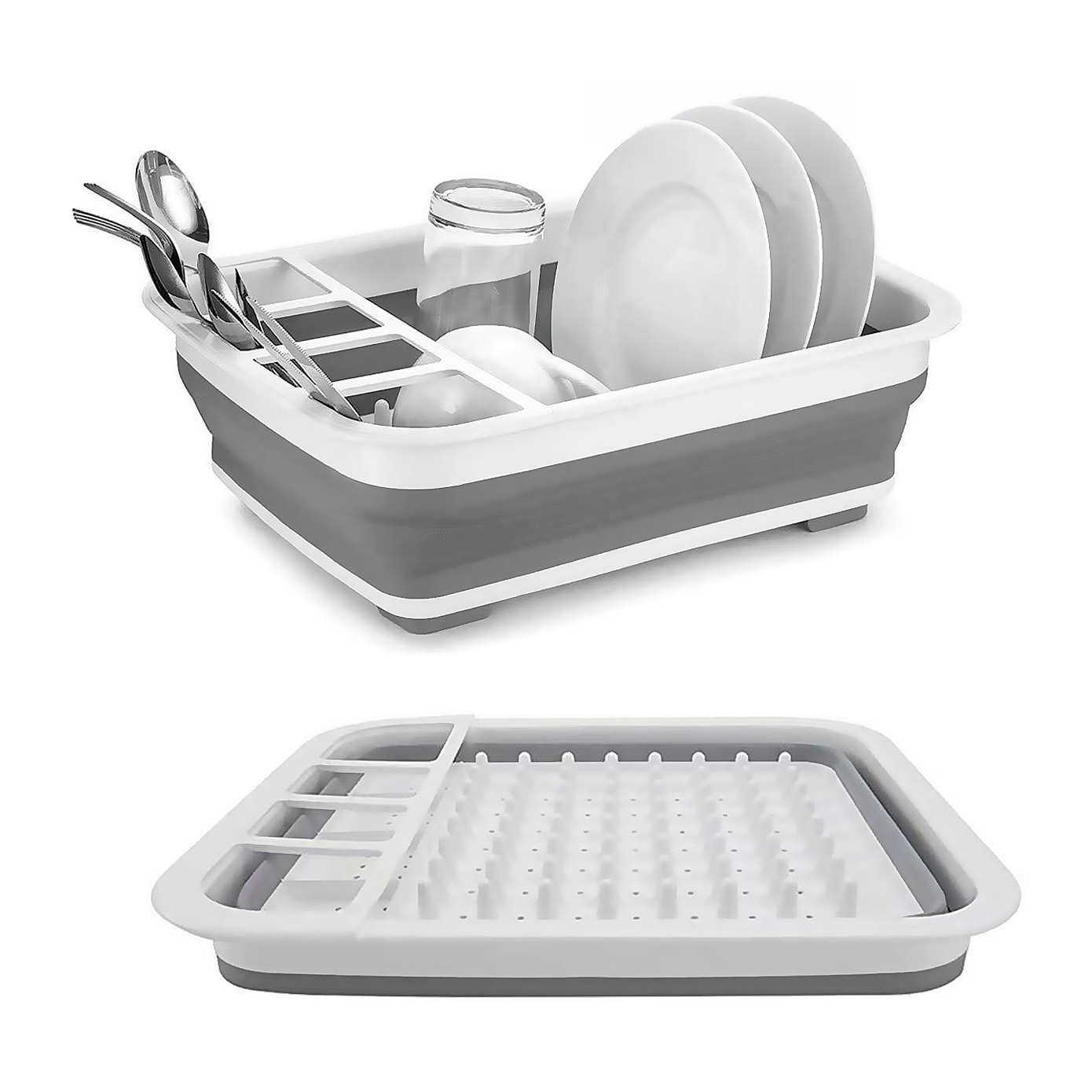 Escurridor de platos plegable con orificios en la base, diseñado para secar y organizar utensilios de cocina de forma práctica.
