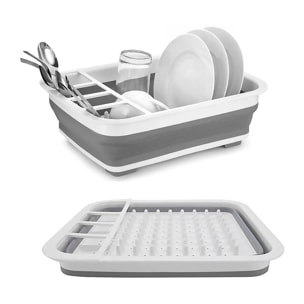 Escurridor de platos plegable con orificios en la base, diseñado para secar y organizar utensilios de cocina de forma práctica.