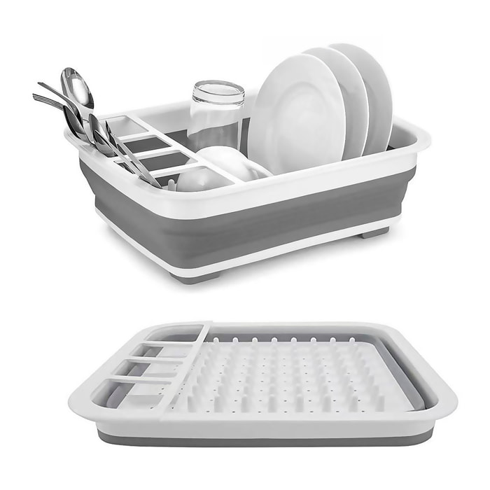 Escurridor de platos plegable con orificios en la base, diseñado para secar y organizar utensilios de cocina de forma práctica.
