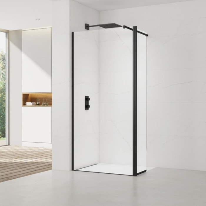 Walk-in 140x200cm Paroi et retour pivotant en verre Crystal Glass® 8 mm anticalcaire , avec bras et profilés noir mat
