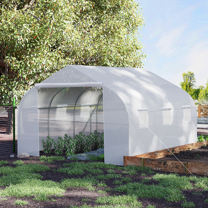 Serre tunnel de jardin dim. 4,45L x 2,99l x 2H m porte + 6 fenêtres enroulables acier galvanisé bâche PE haute densité blanc