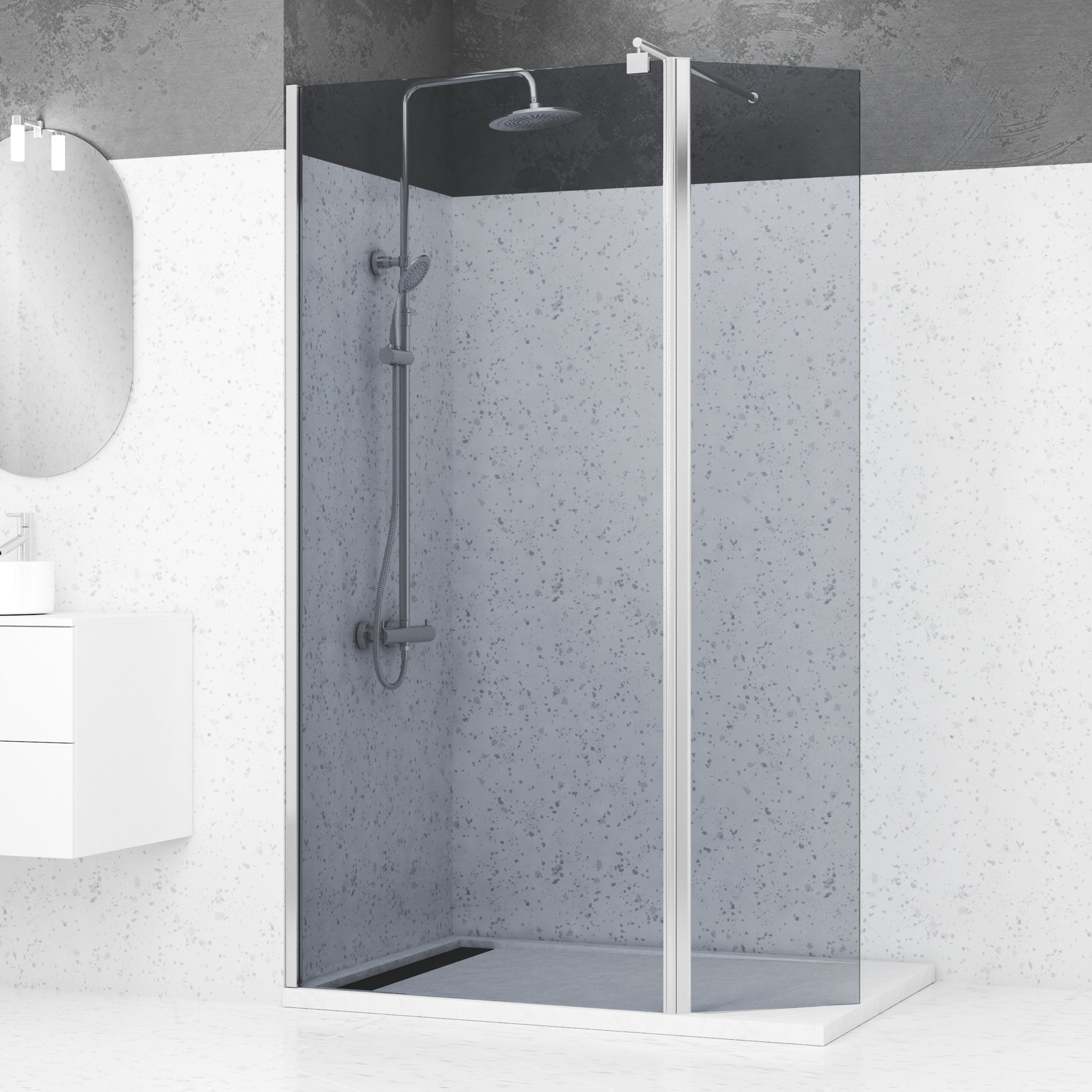 Paroi de Douche et Volet Pivotant 90+40x200cm - Verre Fumé + Barre Fixation Chrome