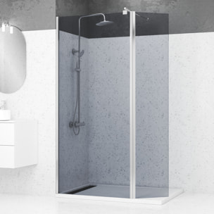 Paroi de Douche et Volet Pivotant 90+40x200cm - Verre Fumé + Barre Fixation Chrome