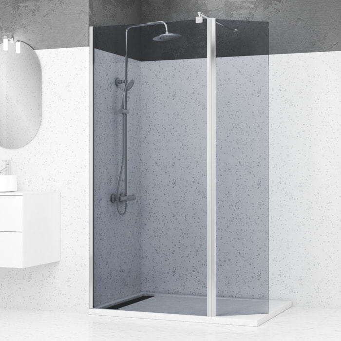 Paroi de Douche et Volet Pivotant 90+40x200cm - Verre Fumé + Barre Fixation Chrome