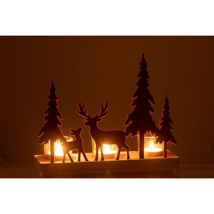 J-Line Photophore 3 Rennes+Sapin De Noel Bois/Metal Velours Rouge Fonce