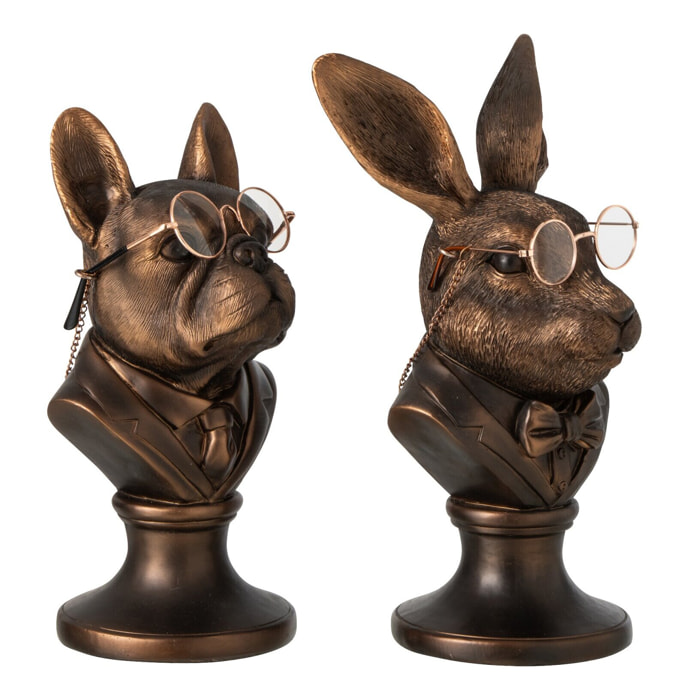 J-Line Buste chien et lapin - polyrésine - bronze - assortiment de 2