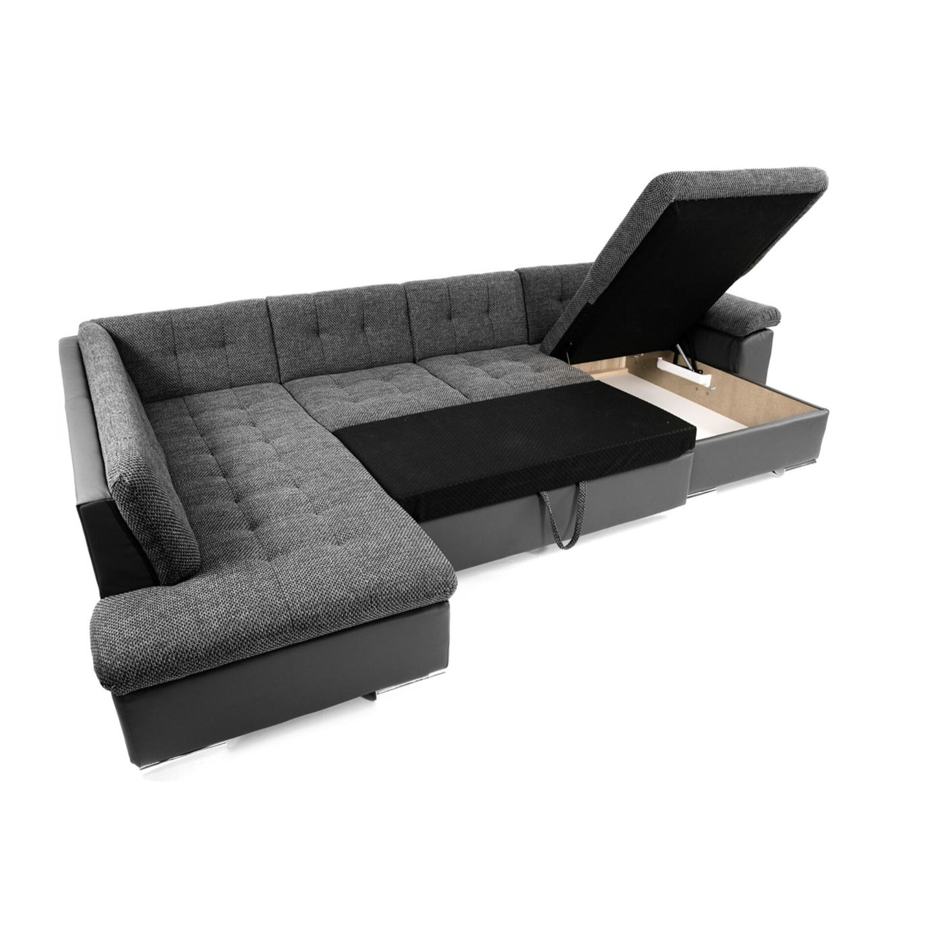 Chuck - canapé panoramique d'angle gauche XXL - convertible avec coffre - 7 places - Noir / Gris