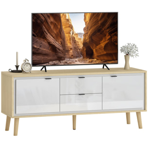 Mueble de TV Moderno de 2 Puertas, Mueble TV para Salón con 2 Cajones, Orificios Pasacables, Estantes Extraíbles y Ajustables, para Televisión 55 Pulgadas, 120x35x50 cm, Blanco Brillo y Roble