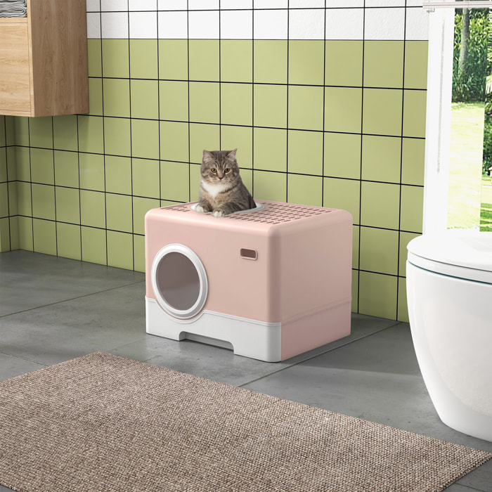 Arenero para Gatos Inodoro para Mascotas con Pala Bandeja Extraíble 2 Puertas Entrada Principal y Salida Superior 52x41x38,5 cm Rosa