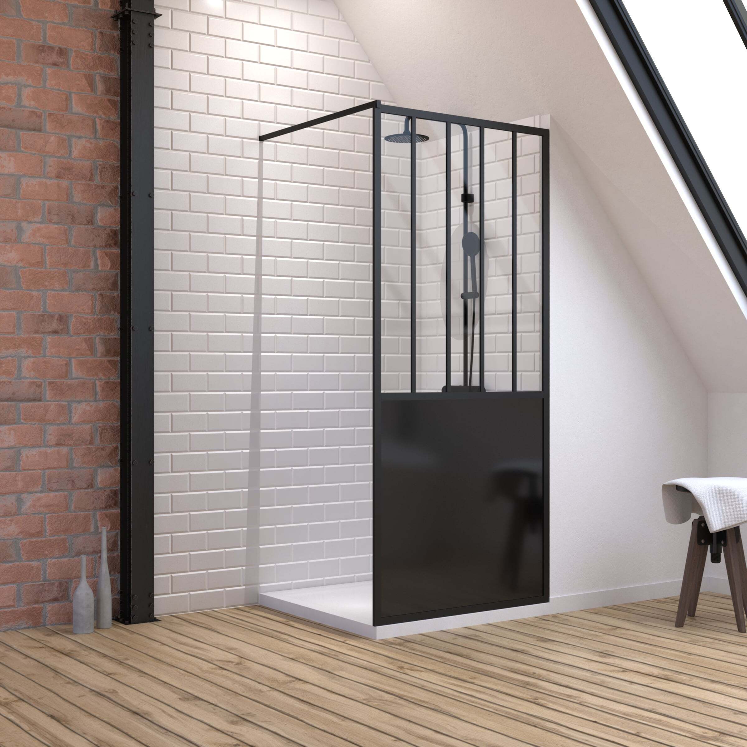 Pack Paroi de douche 90x200 CM NOIR MAT - VERRE TREMPE 5 mm + RECEVEUR A POSER EXTRA PLAT 90x90