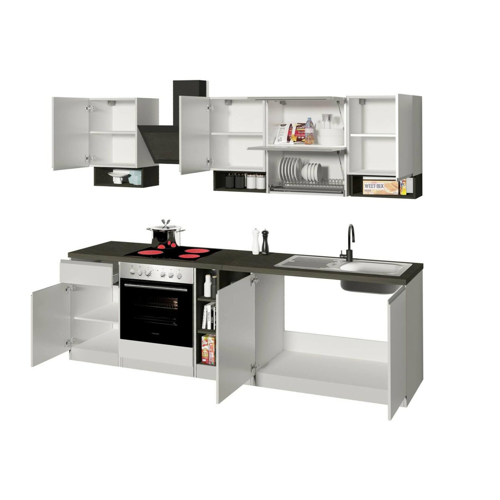 Cucina completa Dceccaron, Cucina pratica e salvaspazio, Parete da cucina con 8 ante e 1 cassetto, 100% Made in Italy, 255x60h85 cm, Bianco lucido e Ardesia